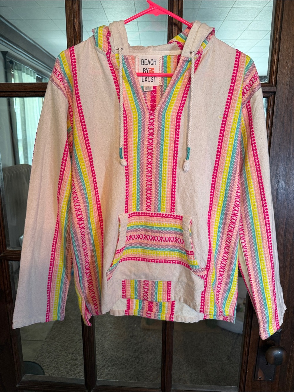 Beach By Exist Womens Baja Hoodie Neon Striped Embroidered Cotton Pullover M